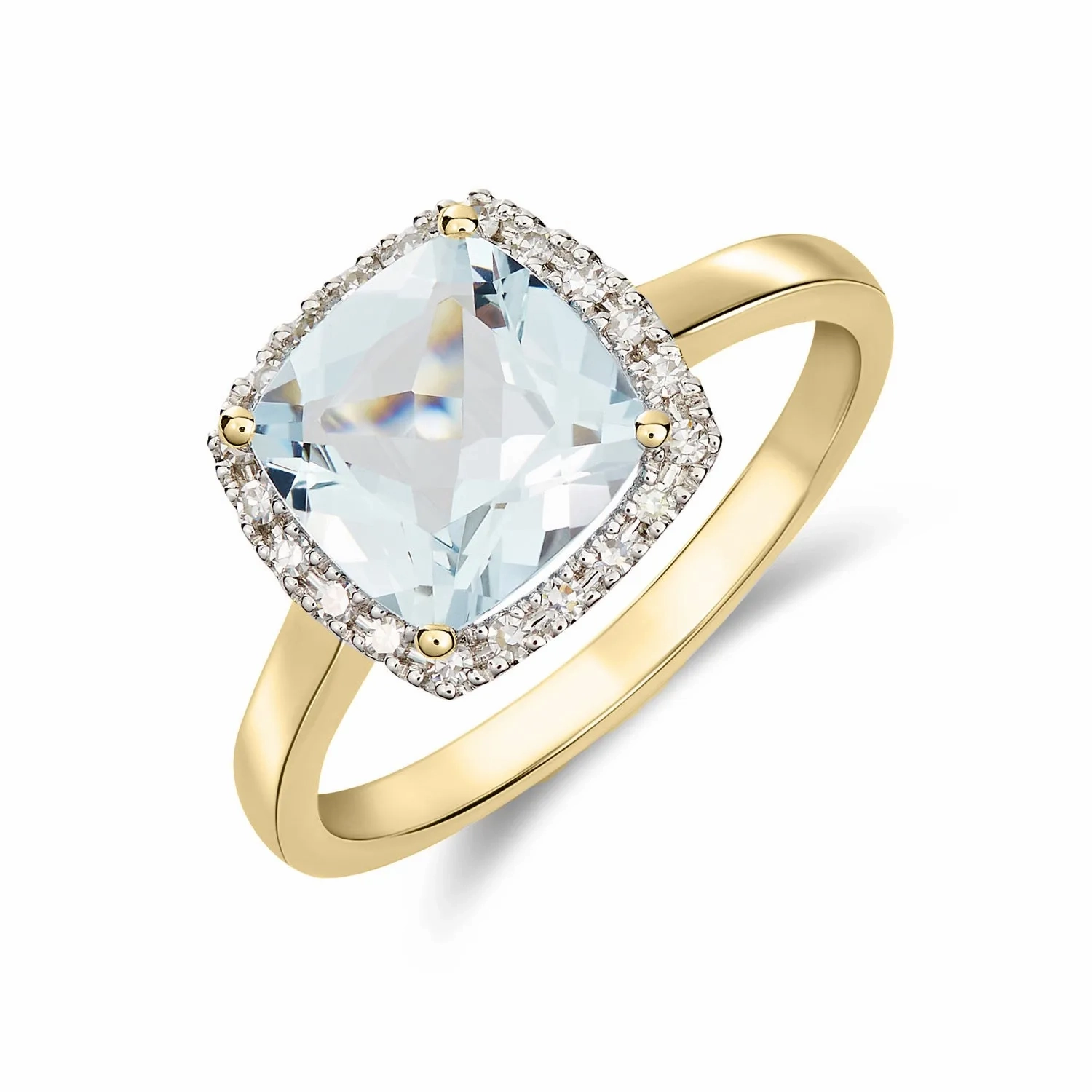 9K Yellow Gold Cushion Aquamarine &amp; Diamond Halo Ring