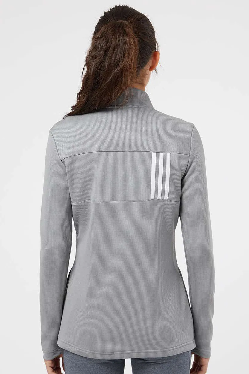 Adidas Womens 3 Stripes Double Knit Moisture Wicking 1/4 Zip Sweatshirt w/ Pockets - Grey/White