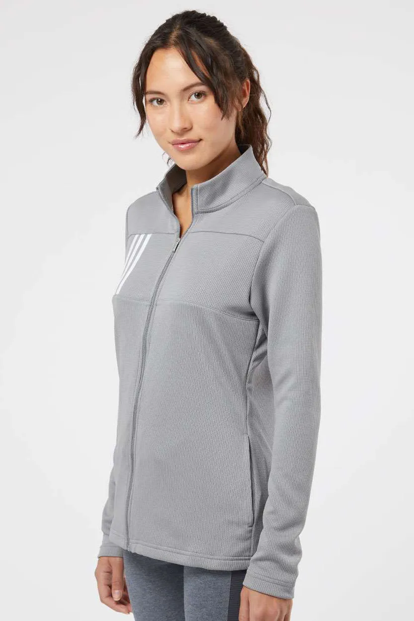 Adidas Womens 3 Stripes Double Knit Moisture Wicking 1/4 Zip Sweatshirt w/ Pockets - Grey/White
