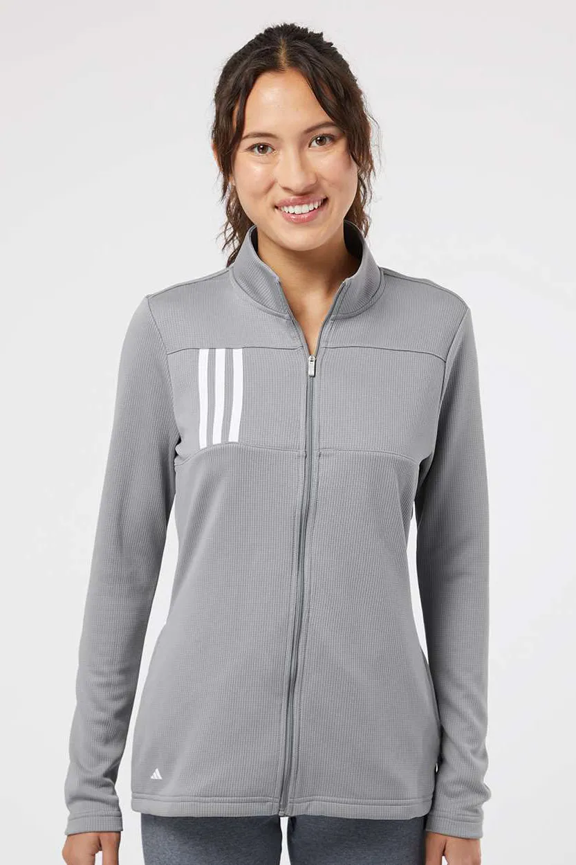 Adidas Womens 3 Stripes Double Knit Moisture Wicking 1/4 Zip Sweatshirt w/ Pockets - Grey/White