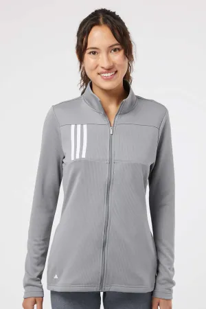 Adidas Womens 3 Stripes Double Knit Moisture Wicking 1/4 Zip Sweatshirt w/ Pockets - Grey/White