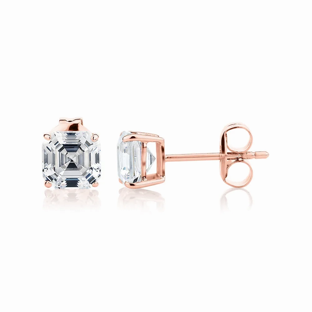 Asscher stud earrings with 2 carats* of diamond simulants in 10 carat rose gold