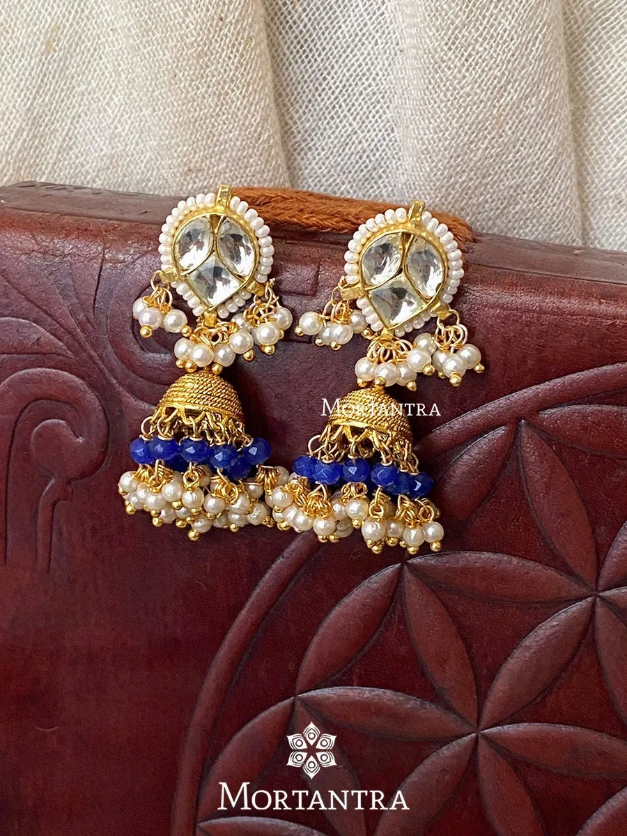 Blue Color Gold Plated Jadau Kundan Earrings - ME985W