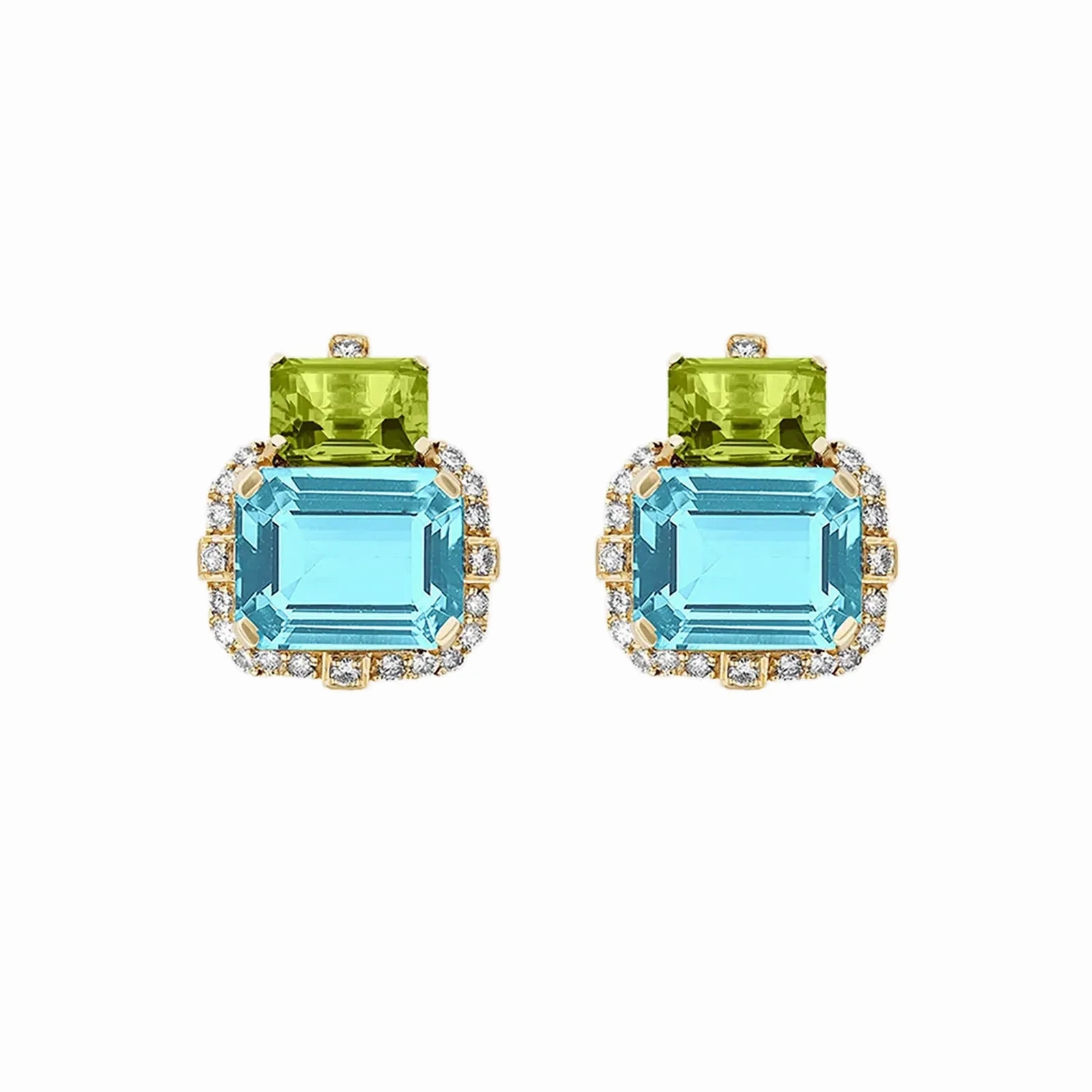 Blue Topaz, Peridot, and Diamnond Earrings
