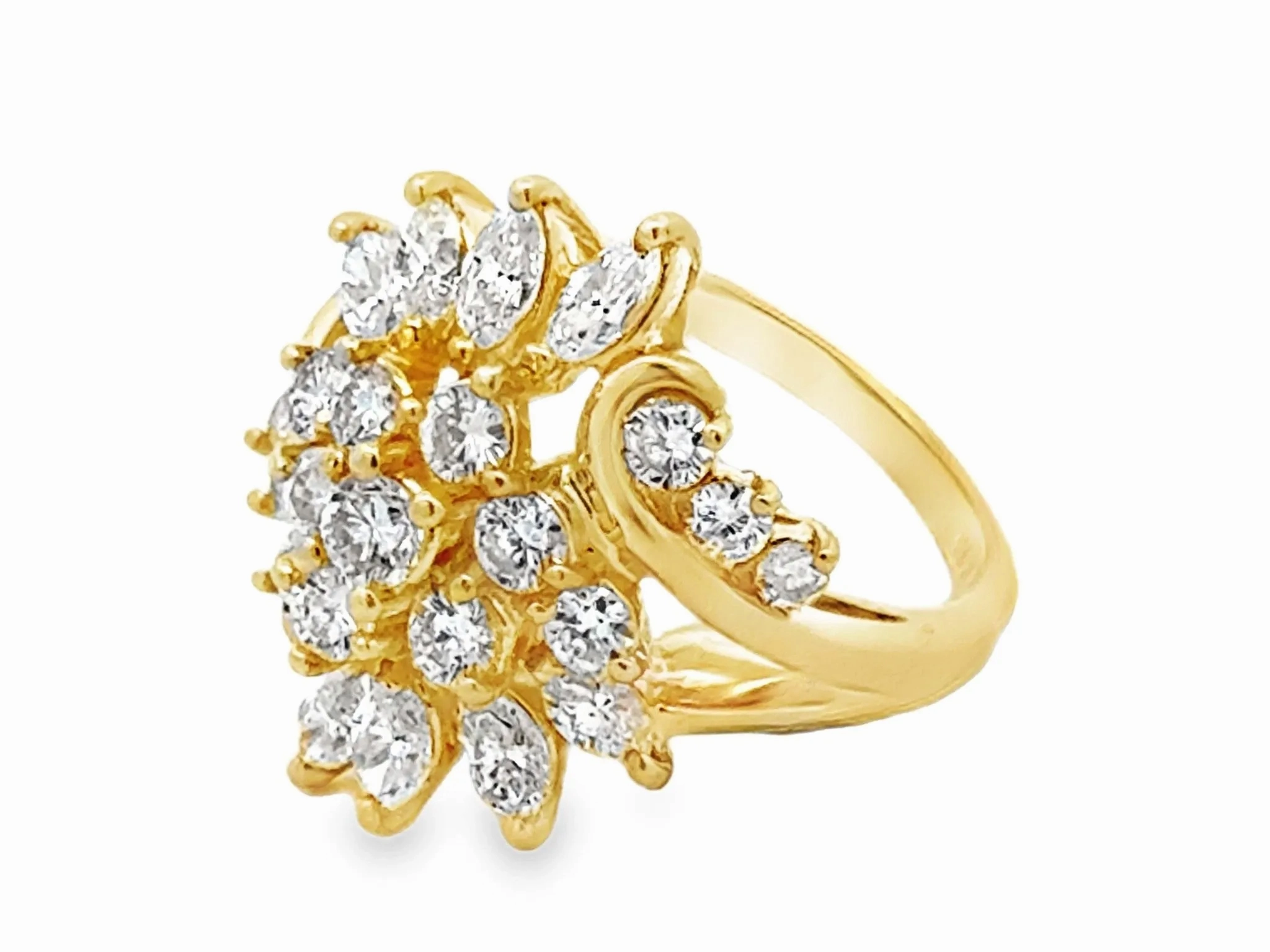 Brilliant and Marquise Multi Diamond Large Cluster Ring 14k Yellow Gold