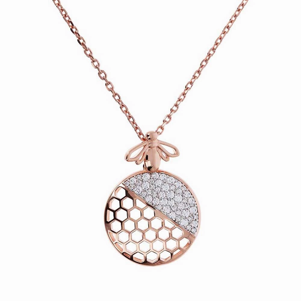 Bronzallure Rose Gold Plated Sterling Silver White CZ Bee Pendant on 55.9cm Chain