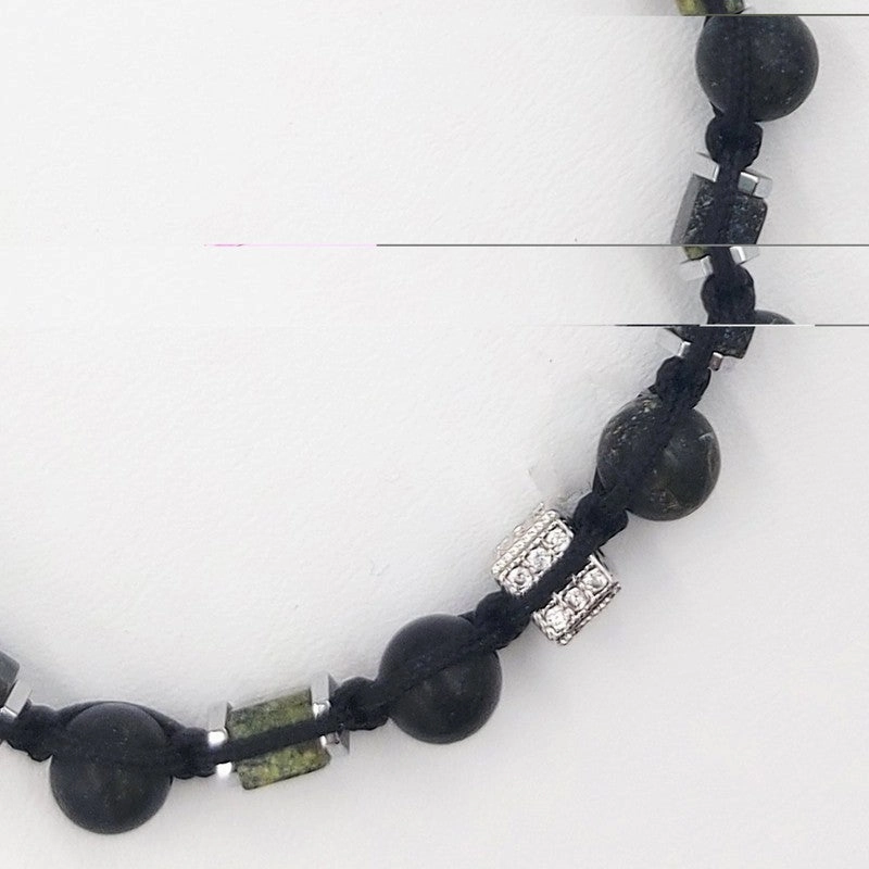 Chrysostomos Handmade Bracelet with Black Cord & Natural Mineral Stones Made of Green Agate