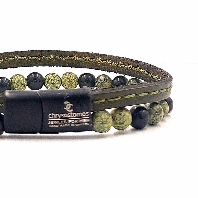 Chrysostomos Handmade Double Bracelet with Natural Mineral Stones of Green Agate