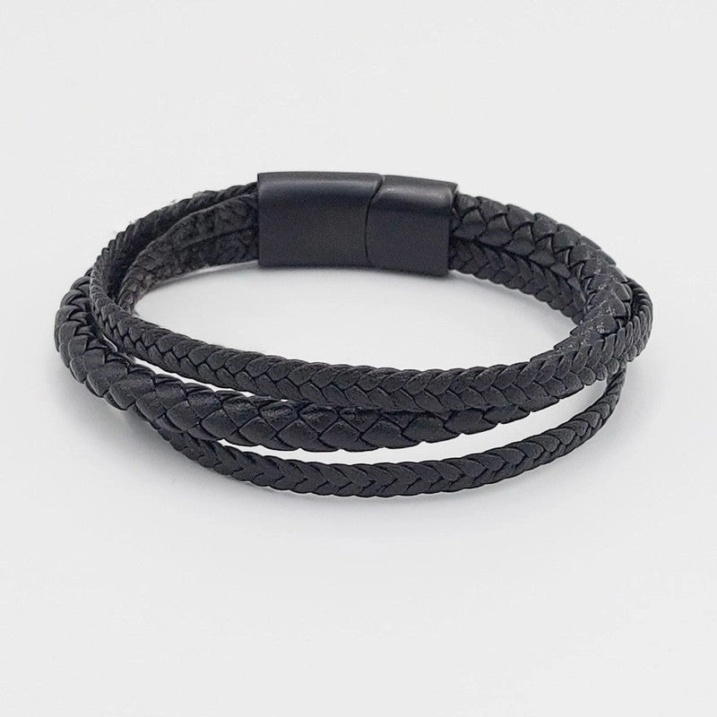 Chrysostomos Handmade Multi-row Lear Bracelet with Three Black Braids