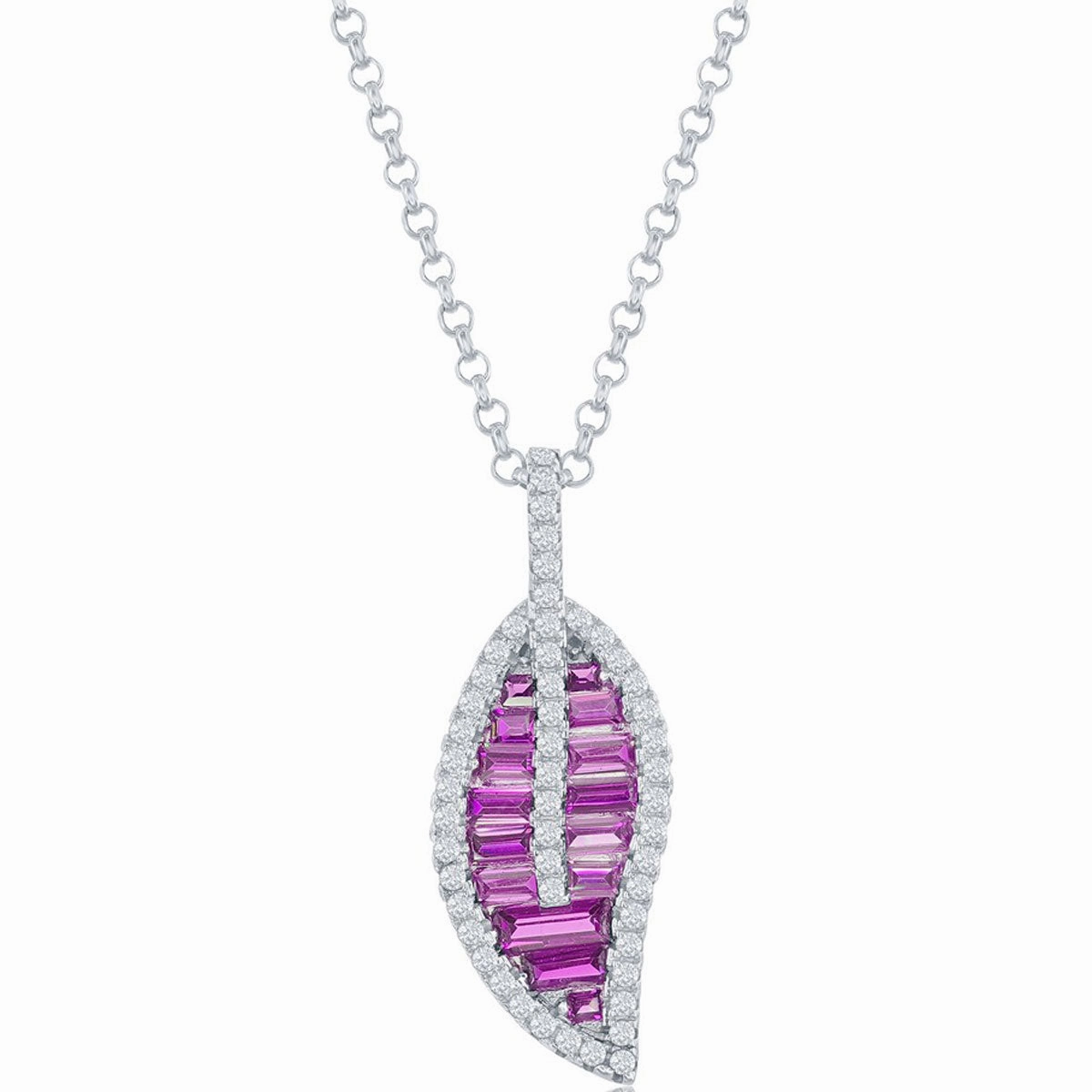 Classic Women's Pendant - Silver Round and Baguette Light Ruby CZ Leaf | K-8872