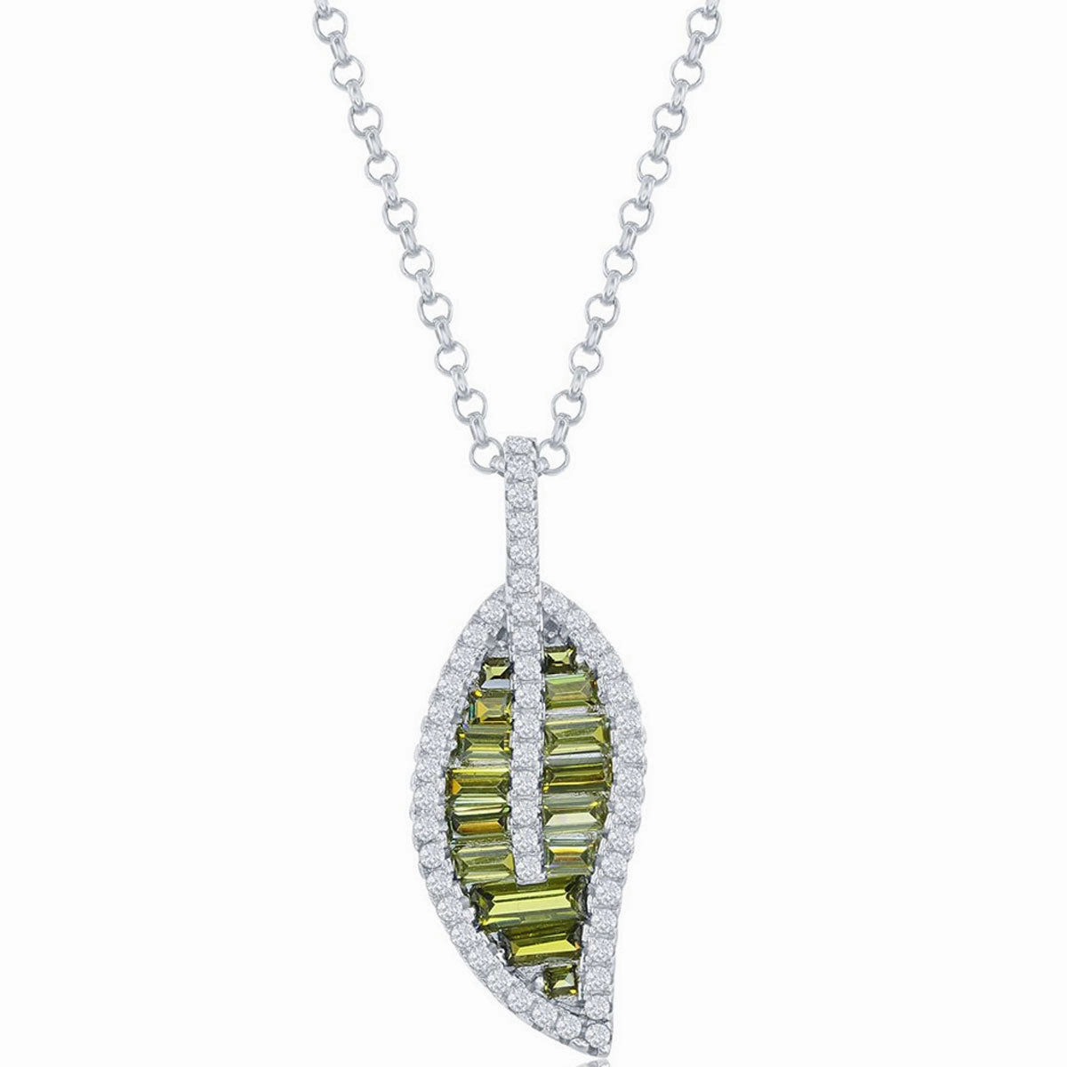 Classic Women's Pendant - Silver Round and Baguette Peridot CZ Leaf Design | K-8873