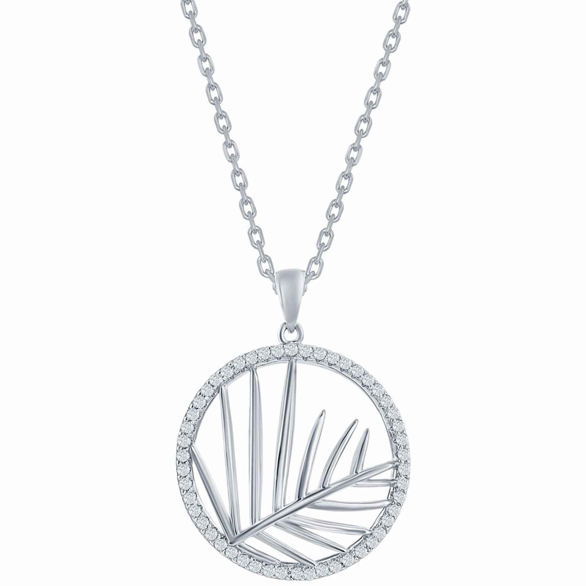 Classic Women's Pendant - Silver Round CZ Outline with Center Cut-Out Leaf | K-9043