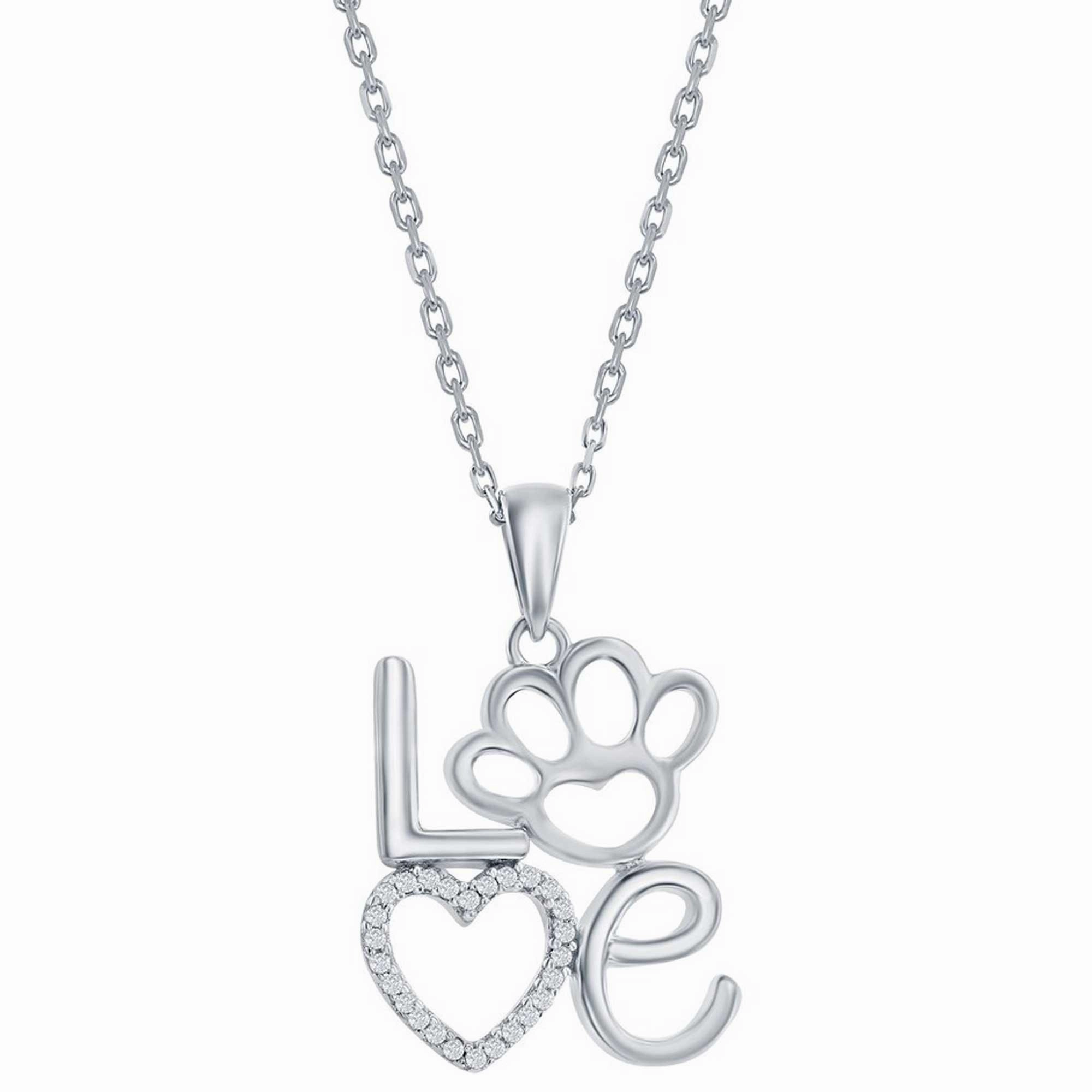Classic Women's Pendant - Sterling "LOVE" with Open CZ Heart and Paw Print | K-9020