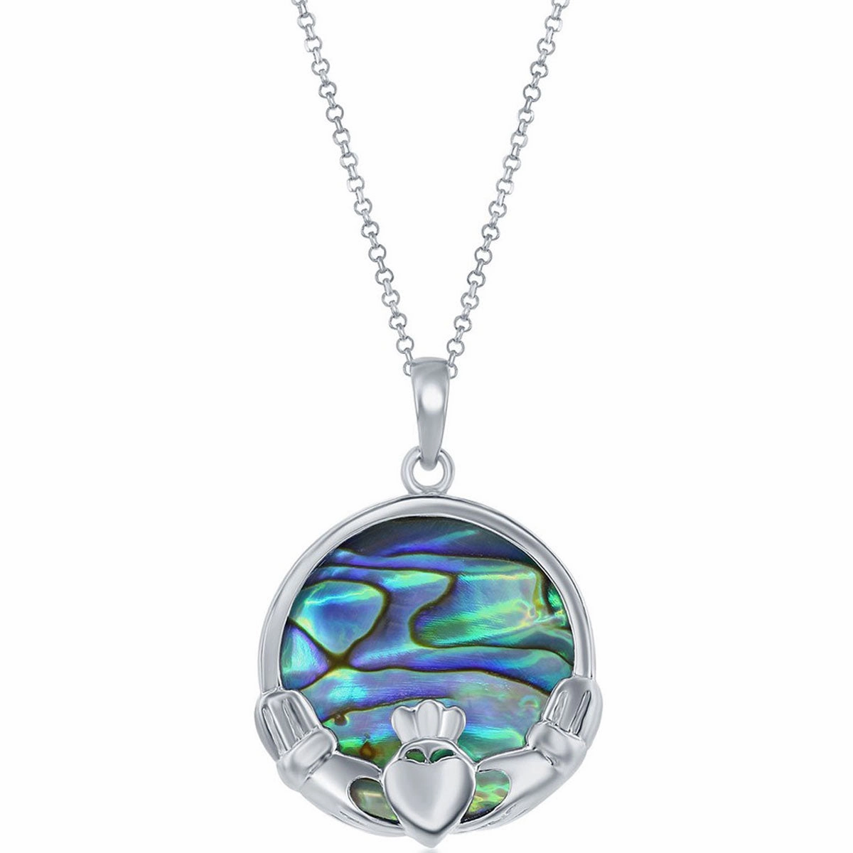 Classic Women's Pendant - Sterling Silver Abalone Round Claddagh Design | K-8810
