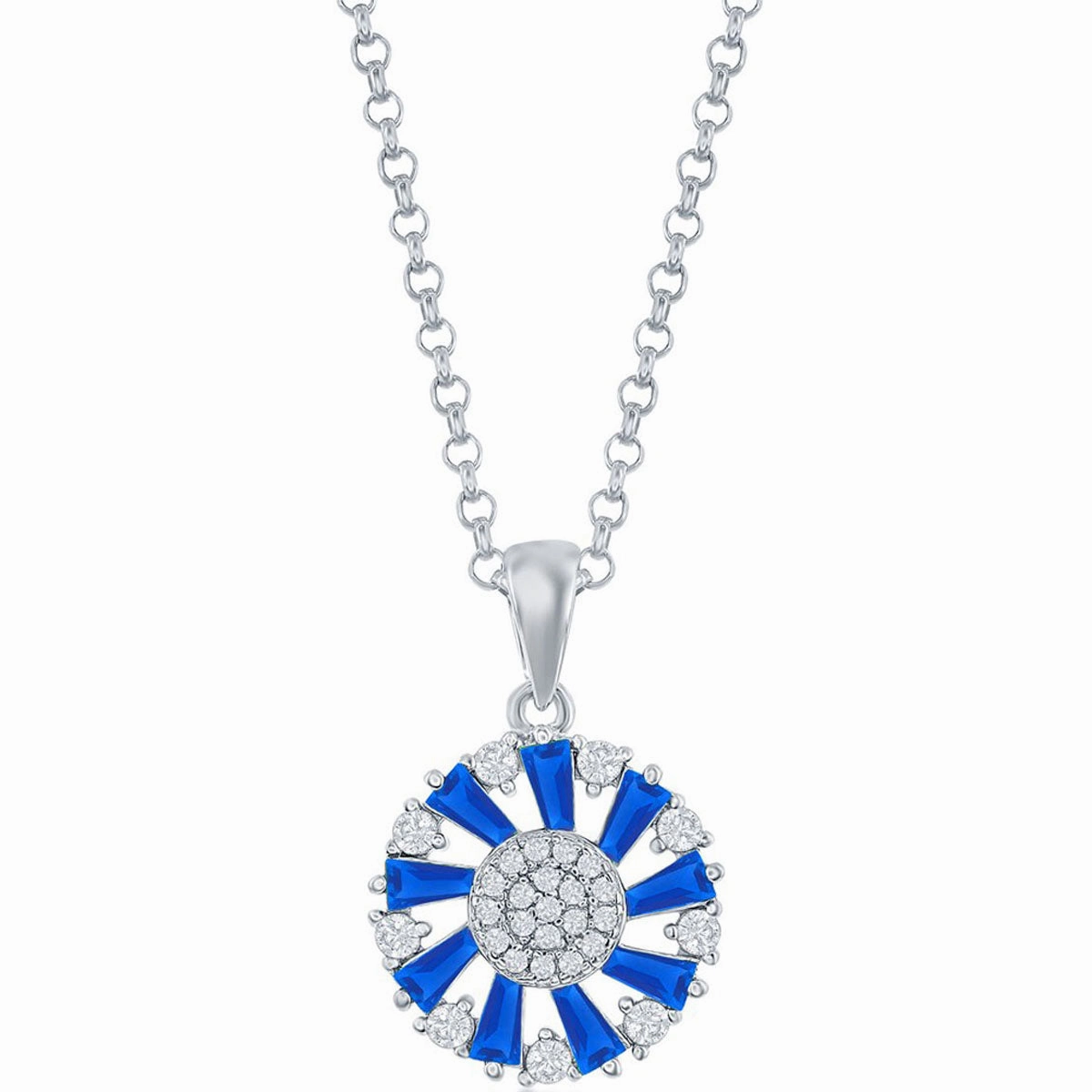 Classic Women's Pendant - Sterling Silver Baguette Blue Spinel CZ Circle | K-8862