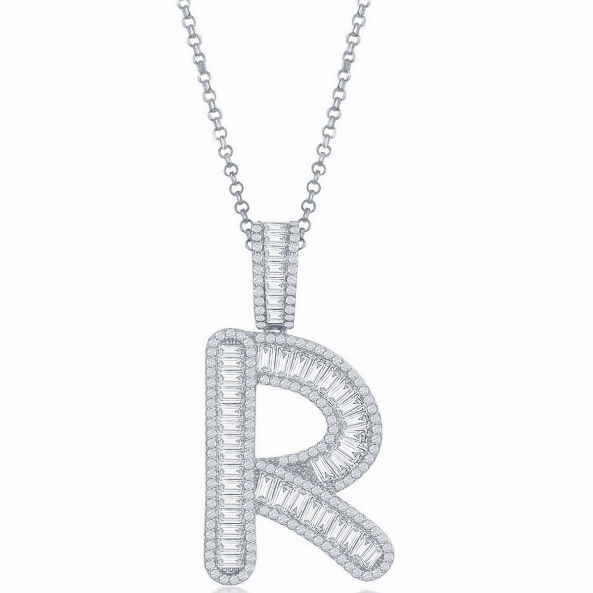 Classic Women's Pendant - Sterling Silver Baguette CZ Extra Large R Initial | K-8514