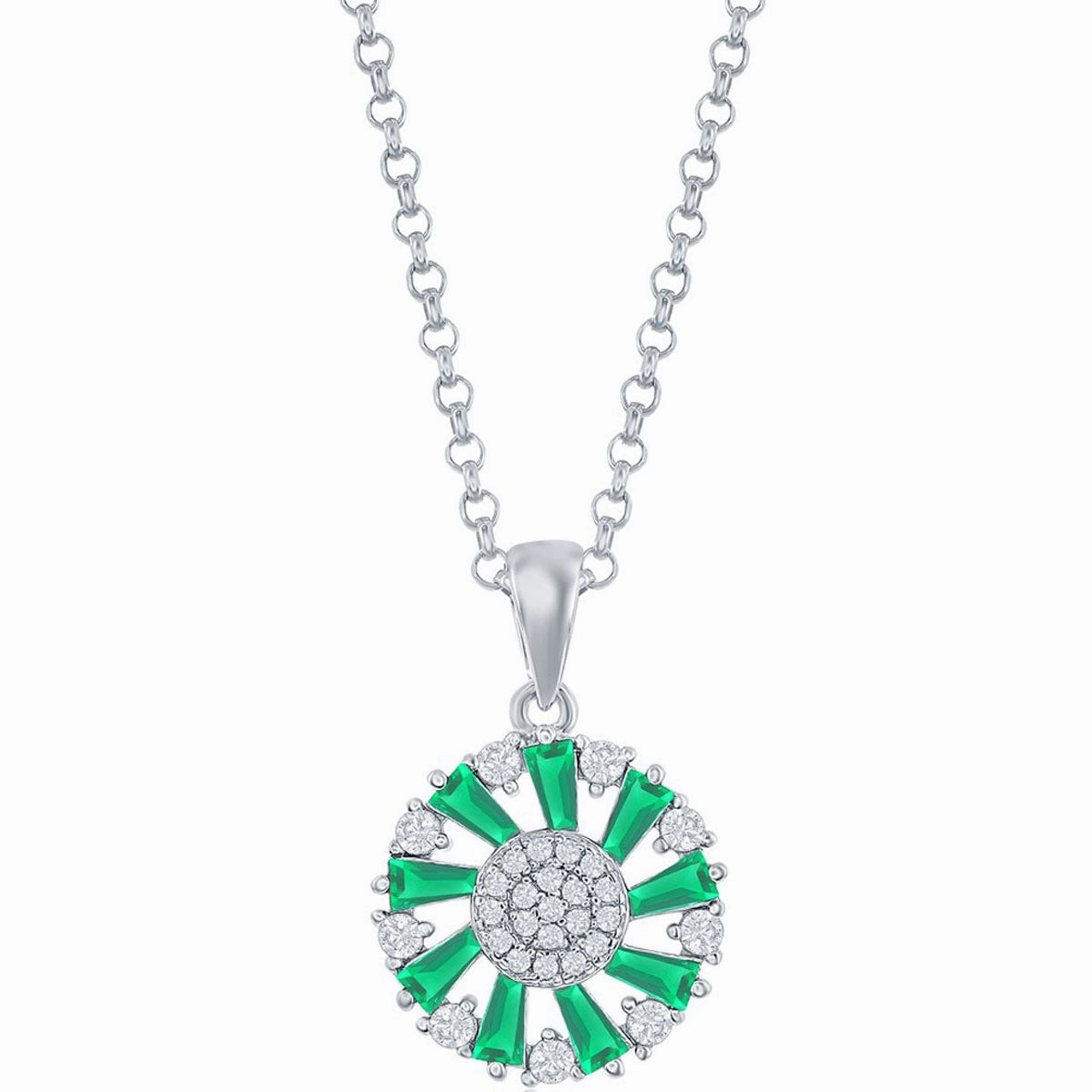 Classic Women's Pendant - Sterling Silver Baguette Emerald CZ Circle Design | K-8863