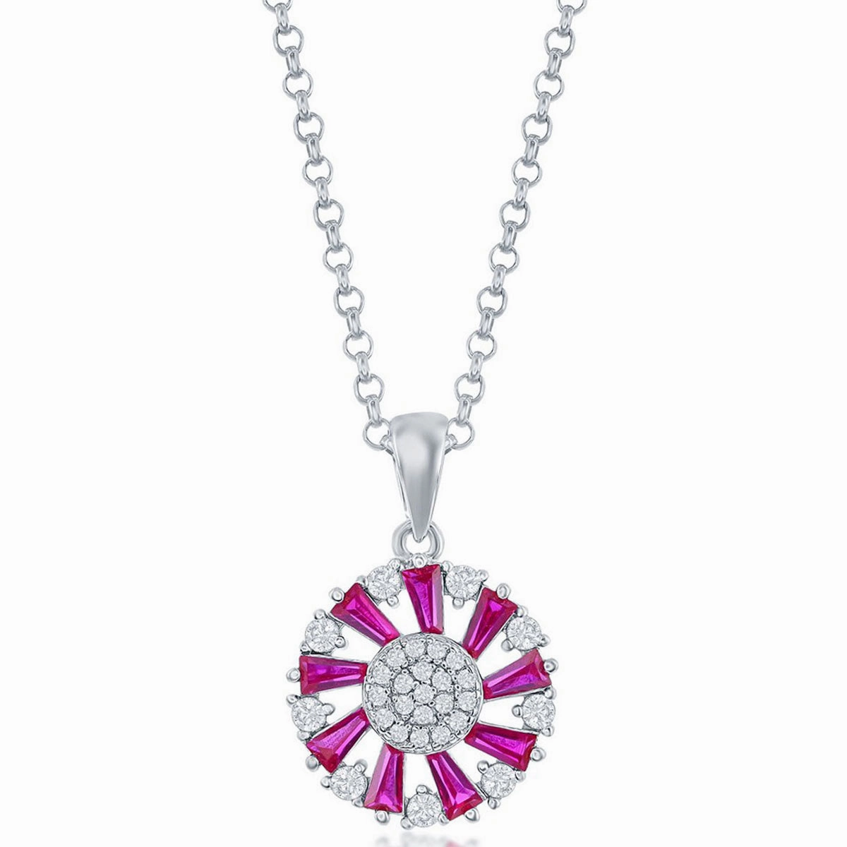 Classic Women's Pendant - Sterling Silver Baguette Ruby CZ Circle Design | K-8864