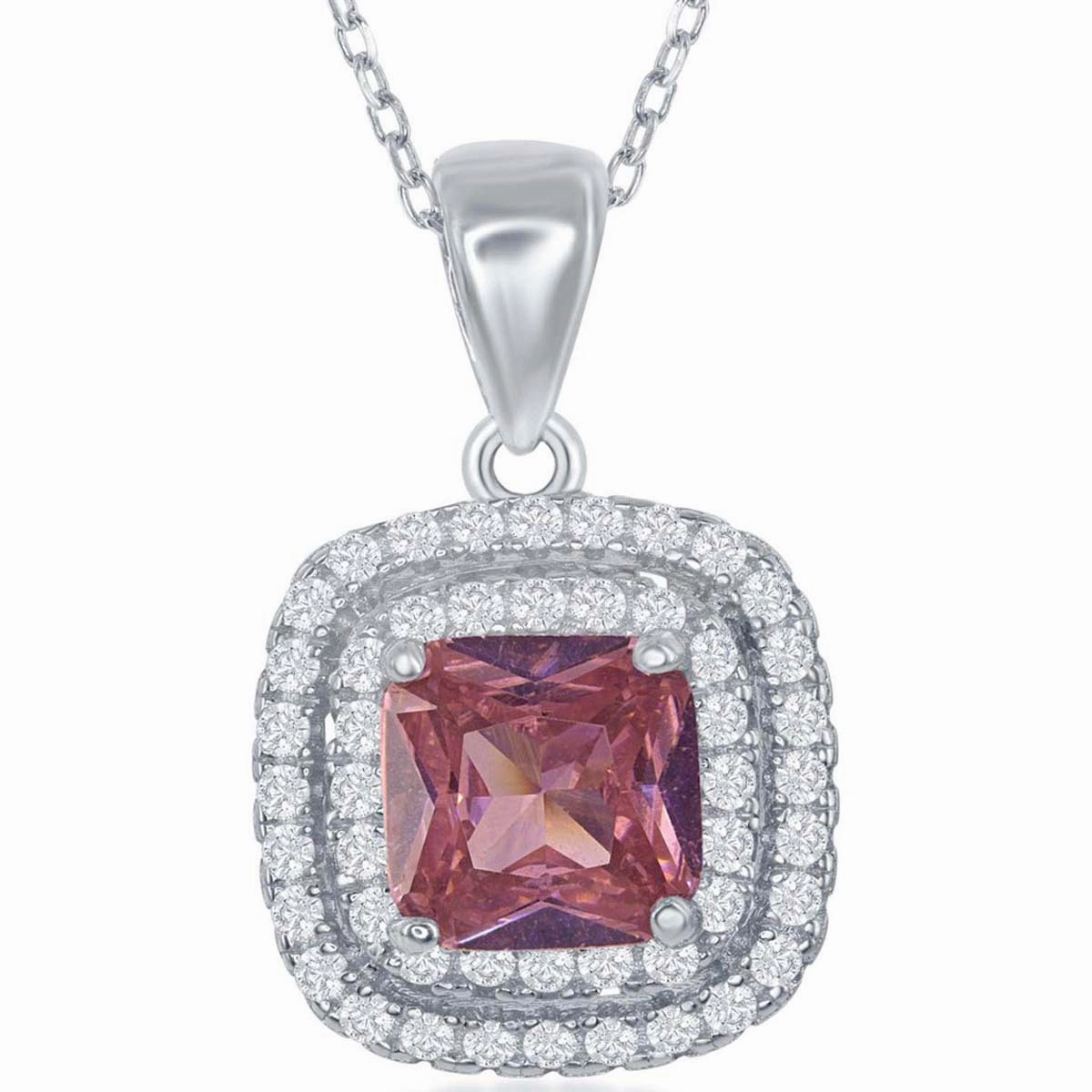 Classic Women's Pendant - Sterling Silver Center Pink CZ with CZ Border | K-7944