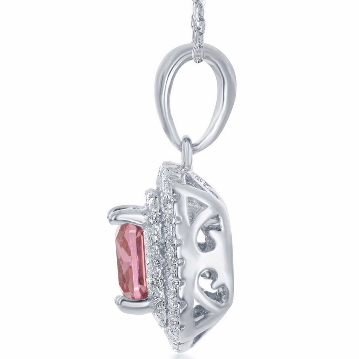Classic Women's Pendant - Sterling Silver Center Pink CZ with CZ Border | K-7944