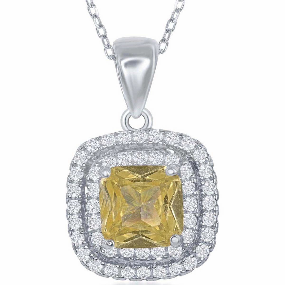 Classic Women's Pendant - Sterling Silver Center Yellow CZ with CZ Border | K-7943
