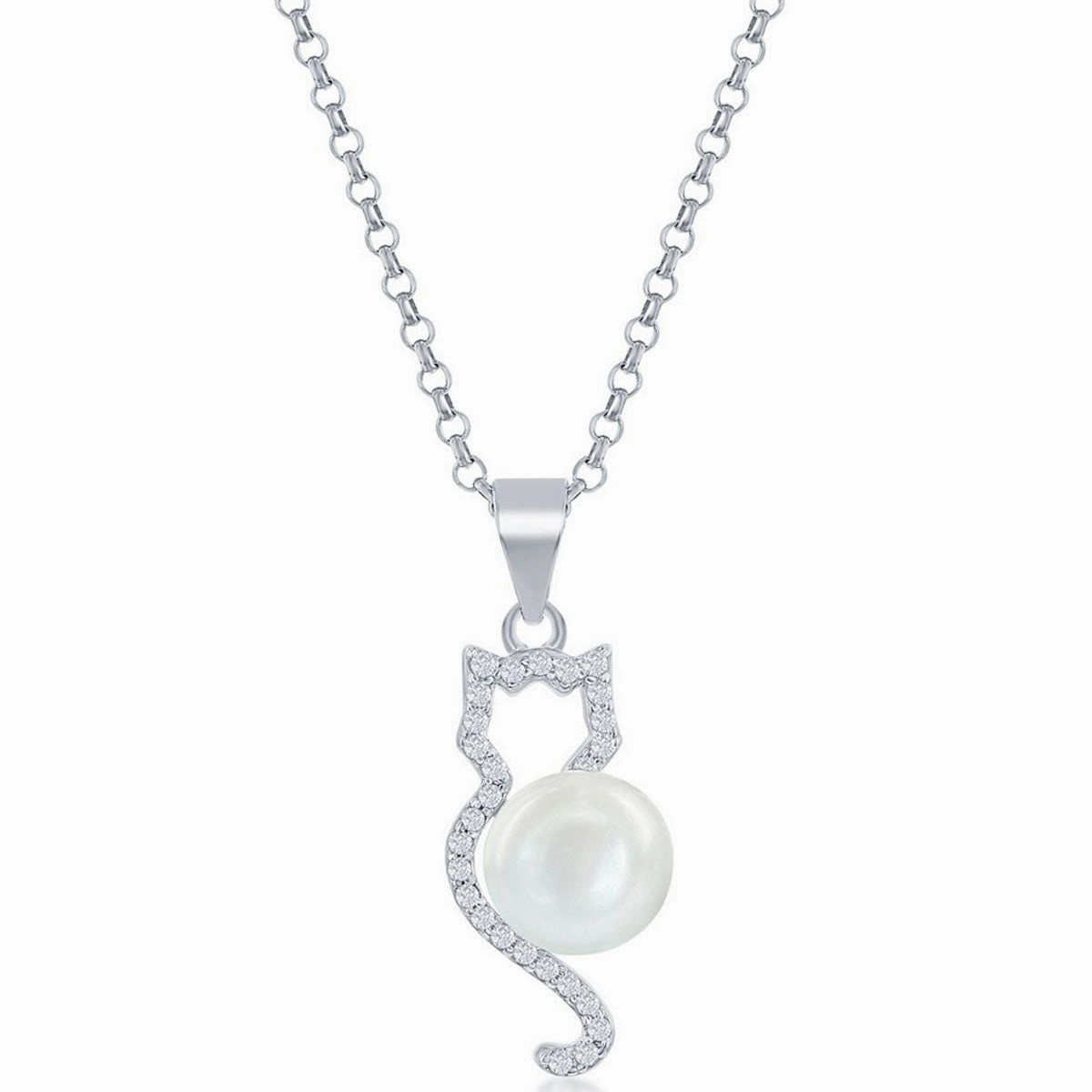 Classic Women's Pendant - Sterling Silver CZ Cat with Round White Pearl | K-8714