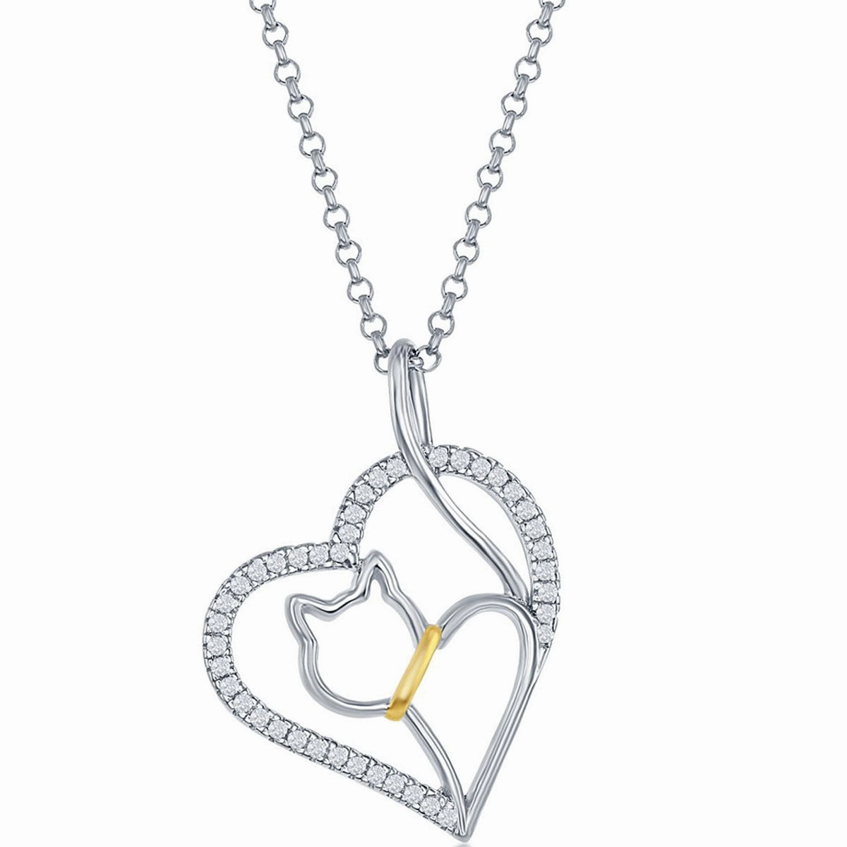 Classic Women's Pendant - Sterling Silver CZ Heart with Center Cat Cut-Out | K-8230