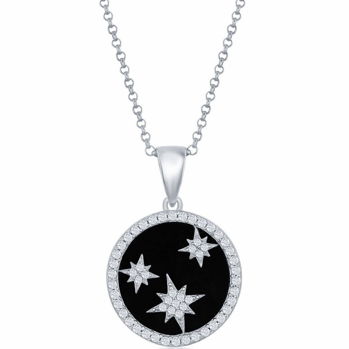 Classic Women's Pendant - Sterling Silver CZ North Stars and Round Onyx | K-8717
