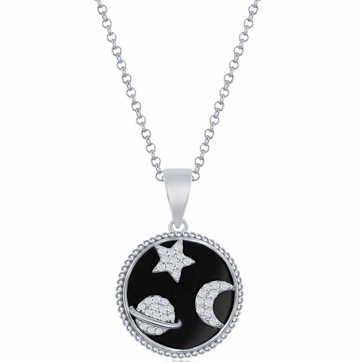 Classic Women's Pendant - Sterling Silver CZ Star, Moon and Saturn and Onyx | K-8716