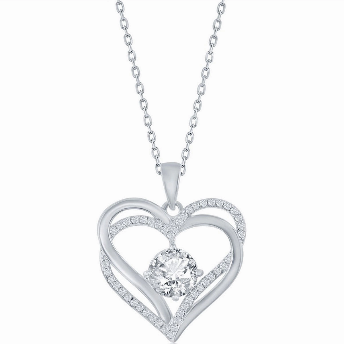 Classic Women's Pendant - Sterling Silver Double Heart White CZ Birthstone | K-8920