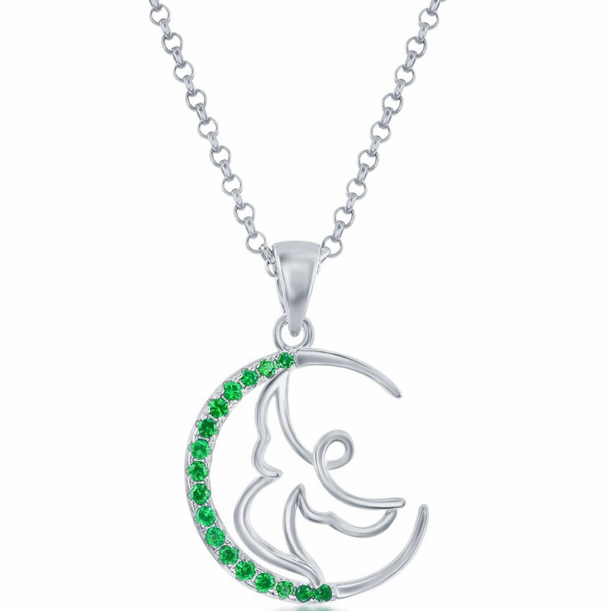 Classic Women's Pendant - Sterling Silver Emerald CZ Angel Crescent Moon | K-8931