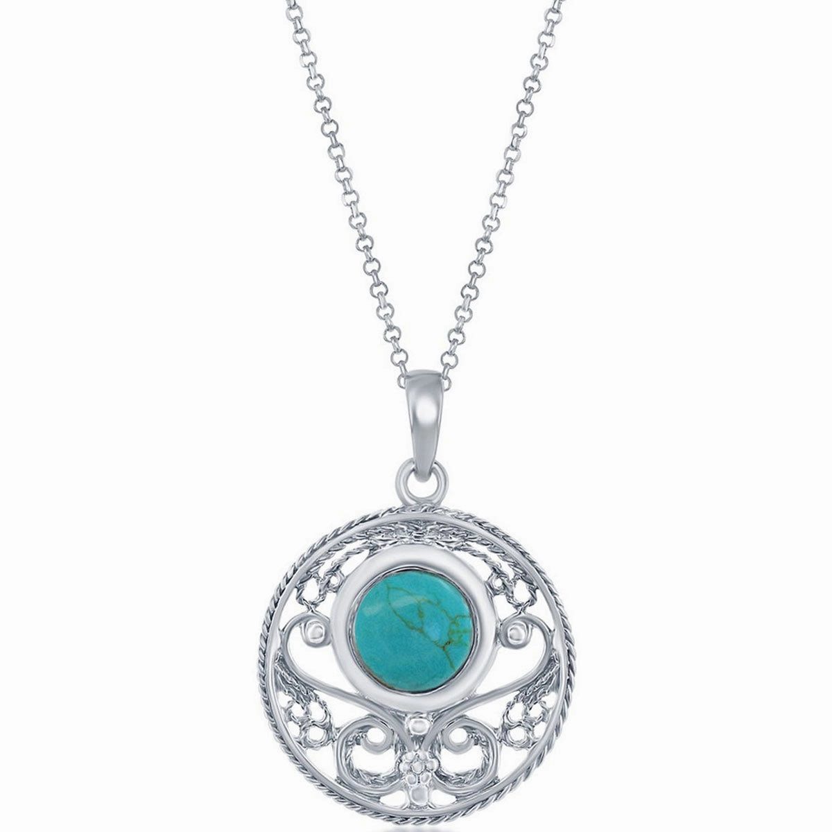Classic Women's Pendant - Sterling Silver Filigree Designed Round Turquoise | K-8833