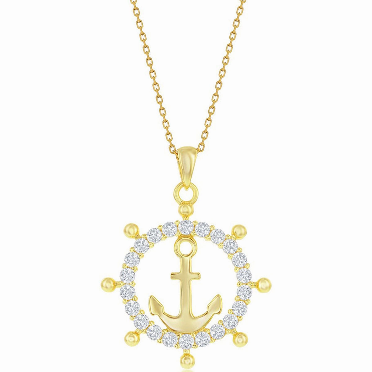 Classic Women's Pendant - Sterling Silver Gold CZ Anchor Ship Wheel | K-8869-GP