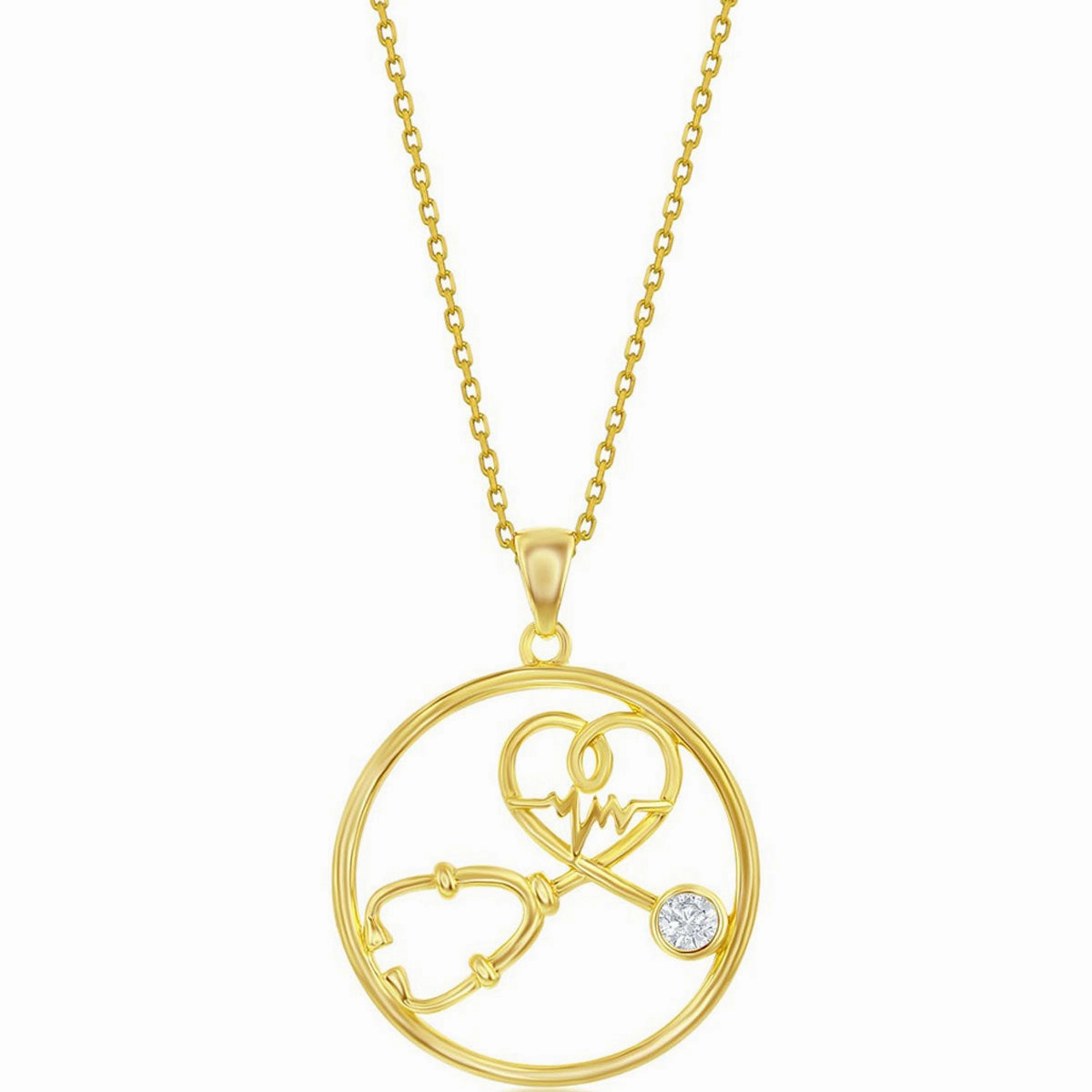 Classic Women's Pendant - Sterling Silver Gold CZ Stethoscope Heartbeat | K-8678-GP
