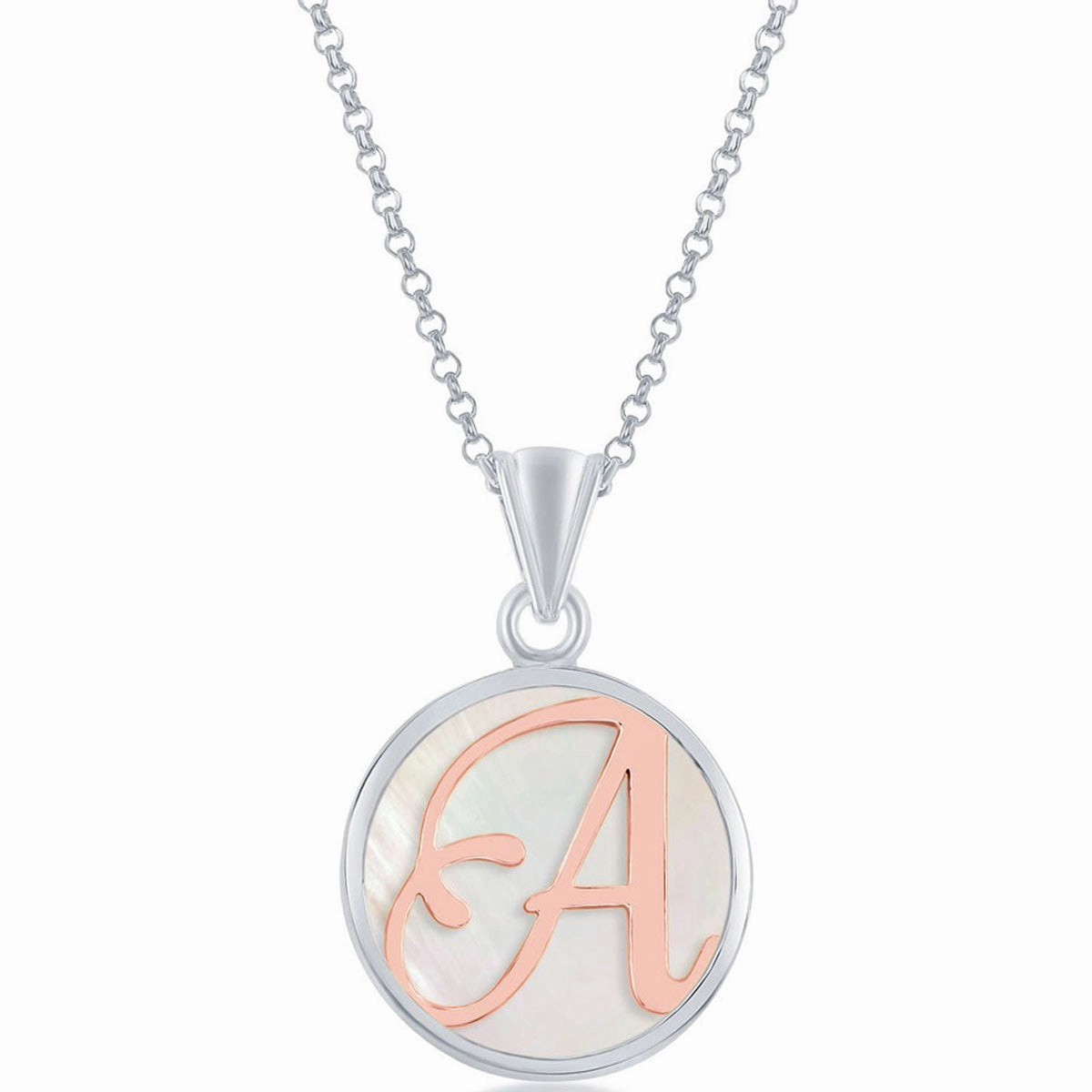 Classic Women's Pendant - Sterling Silver MOP and Rose Gold A Script Initial | K-8602