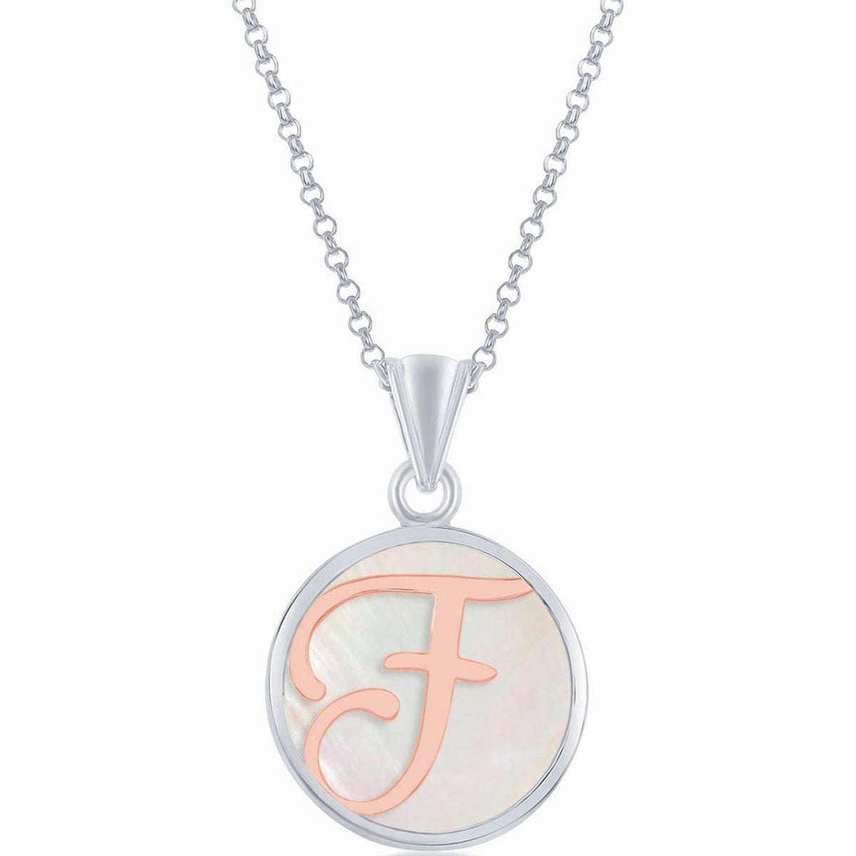 Classic Women's Pendant - Sterling Silver MOP and Rose Gold F Script Initial | K-8607