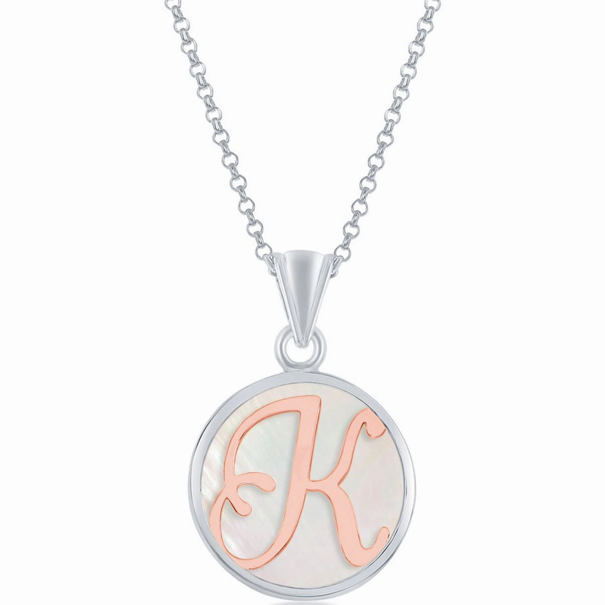 Classic Women's Pendant - Sterling Silver MOP and Rose Gold K Script Initial | K-8613