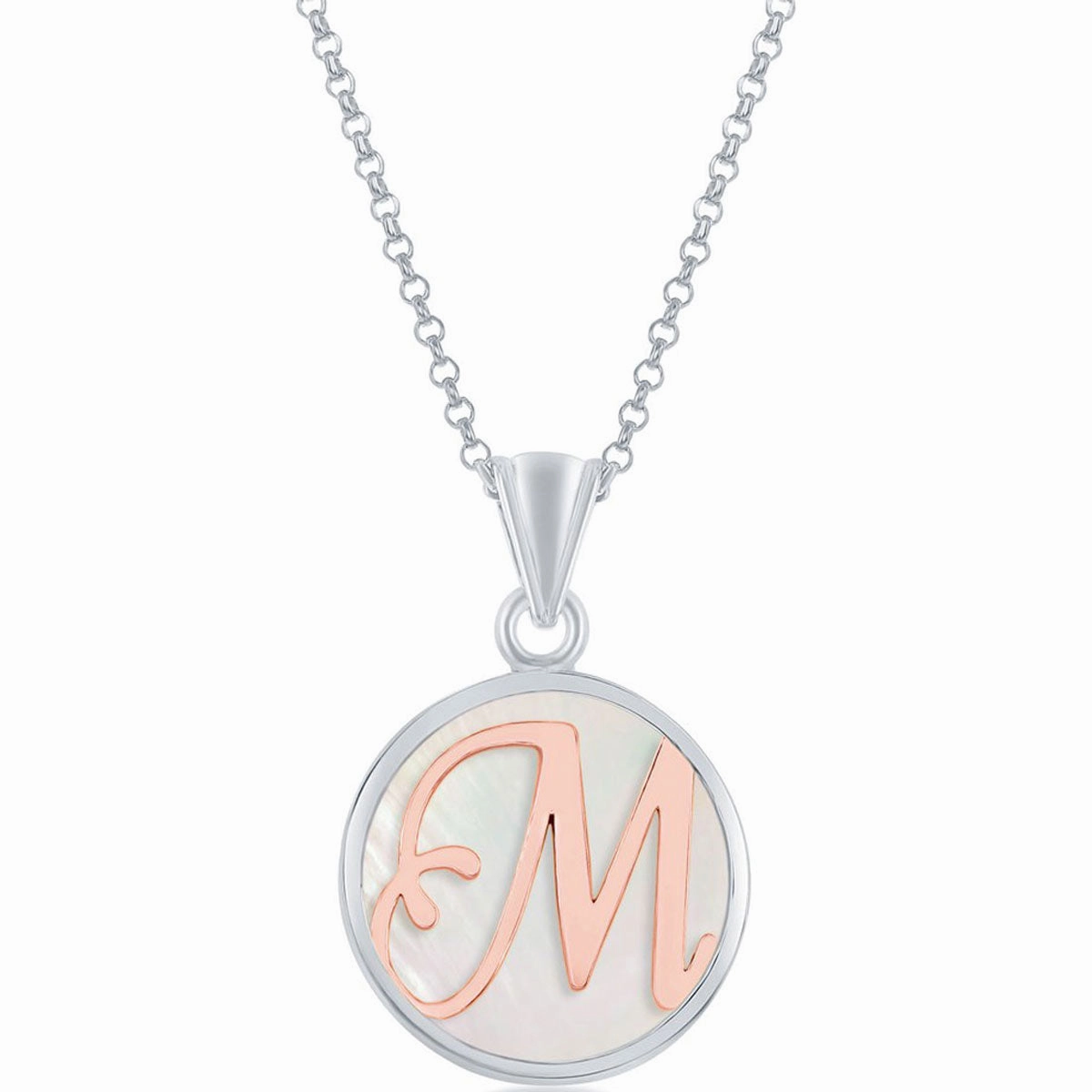 Classic Women's Pendant - Sterling Silver MOP and Rose Gold M Script Initial | K-8615
