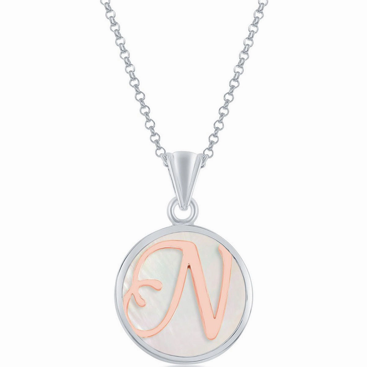 Classic Women's Pendant - Sterling Silver MOP and Rose Gold N Script Initial | K-8616