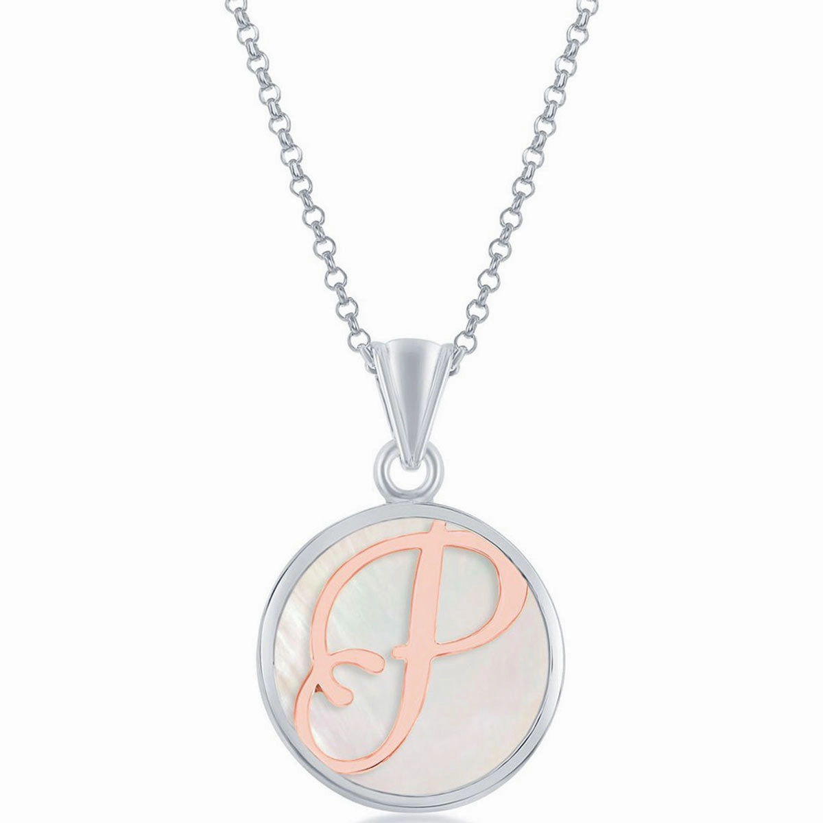 Classic Women's Pendant - Sterling Silver MOP and Rose Gold P Script Initial | K-8618
