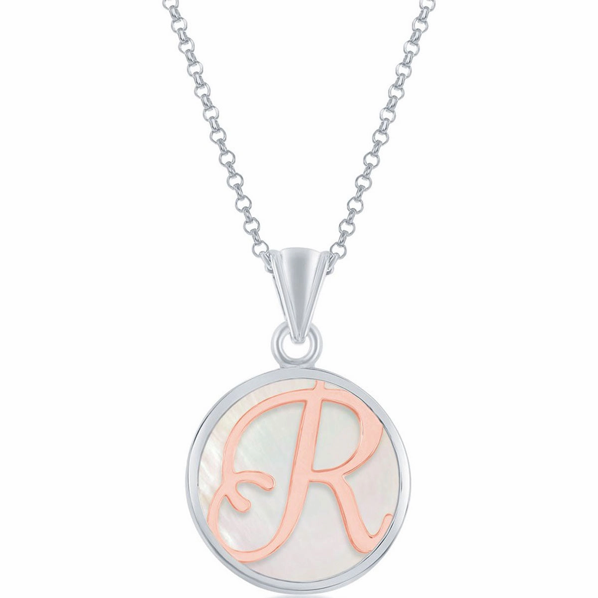 Classic Women's Pendant - Sterling Silver MOP and Rose Gold R Script Initial | K-8620