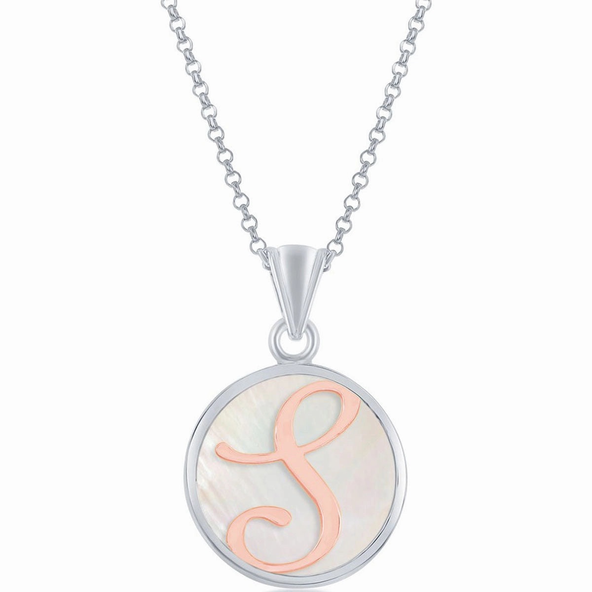 Classic Women's Pendant - Sterling Silver MOP and Rose Gold S Script Initial | K-8621