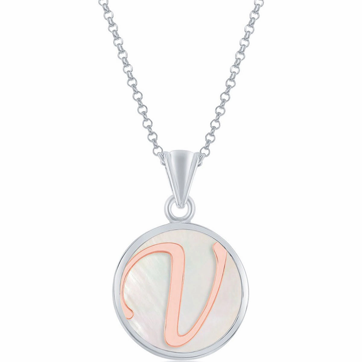 Classic Women's Pendant - Sterling Silver MOP and Rose Gold V Script Initial | K-8624