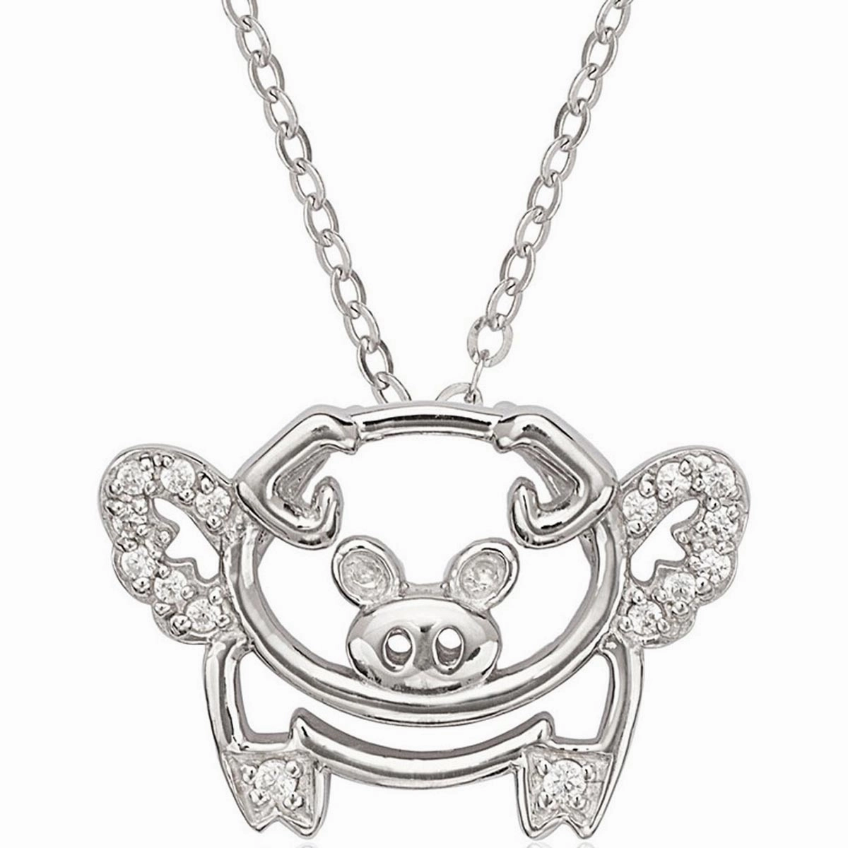 Classic Women's Pendant - Sterling Silver Open Flying Pig with Pave and CZ | K-7069