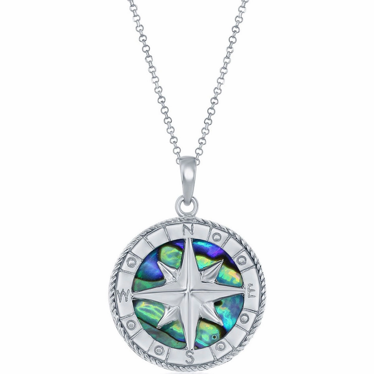 Classic Women's Pendant - Sterling Silver Rhodium Plated Abalone Compass | K-8766