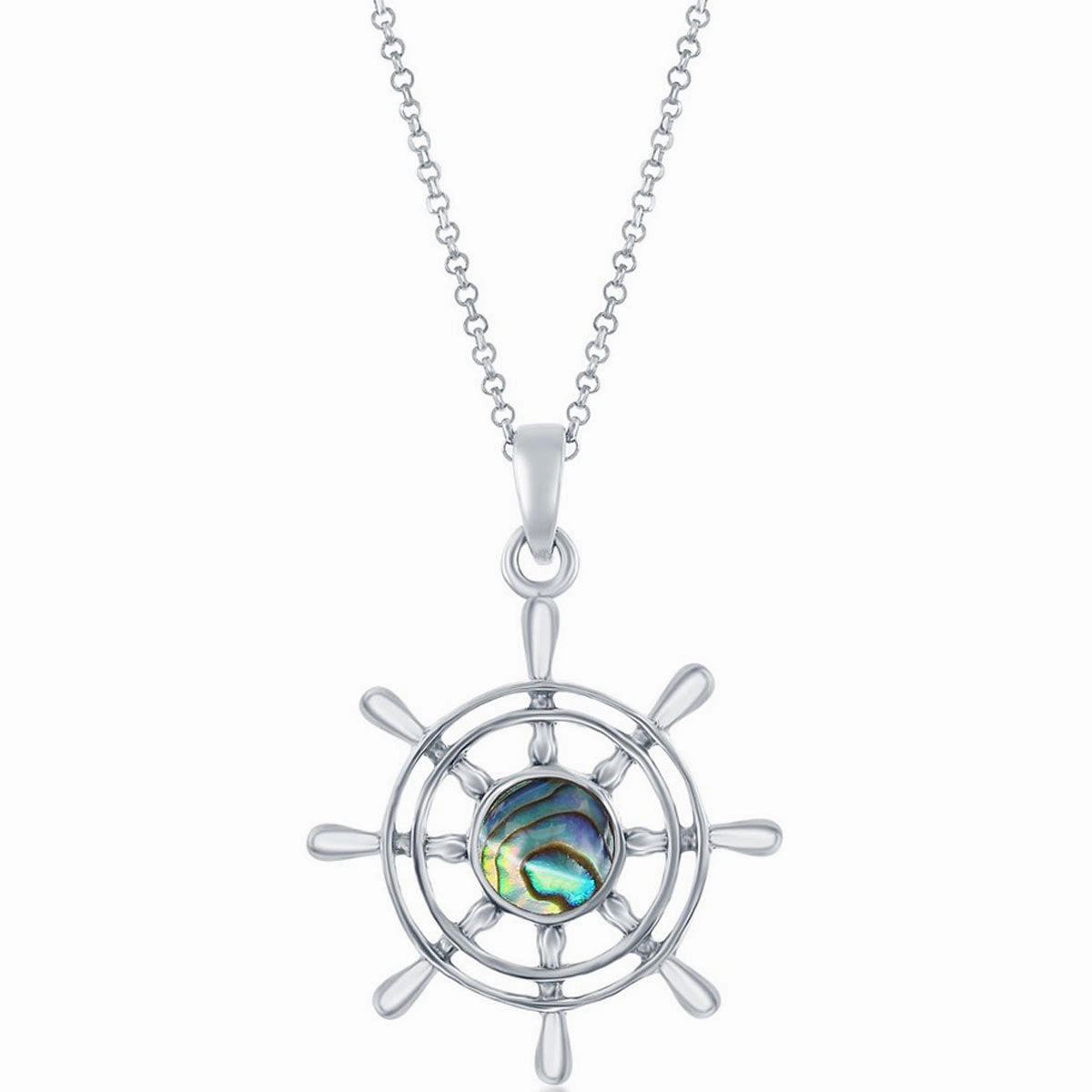 Classic Women's Pendant - Sterling Silver Rhodium Plated Abalone Ship Wheel | K-8750