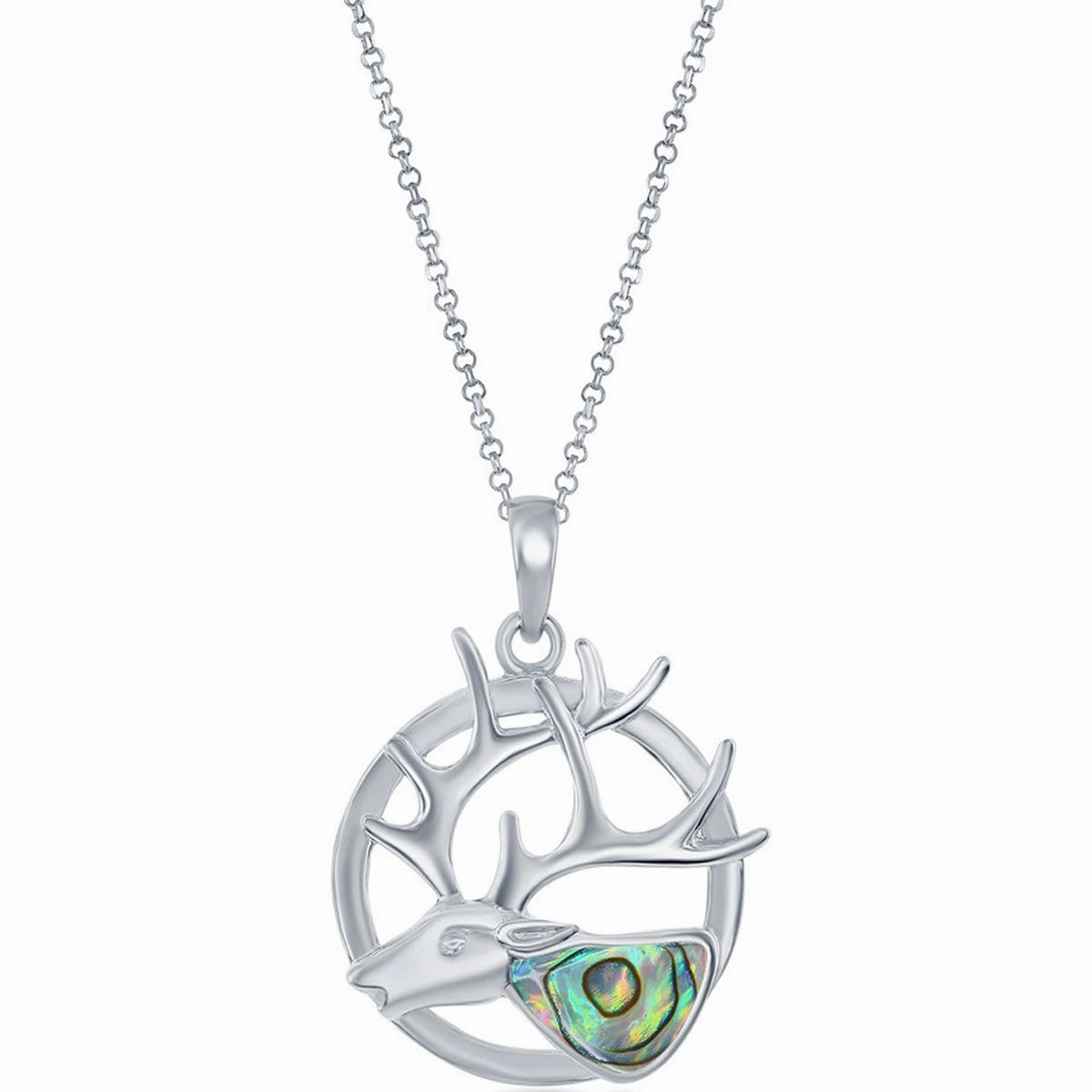 Classic Women's Pendant - Sterling Silver Round Abalone Reindeer Design | K-8774
