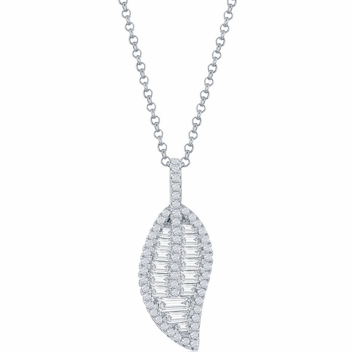 Classic Women's Pendant - Sterling Silver Round and Baguette White CZ Leaf | K-8724