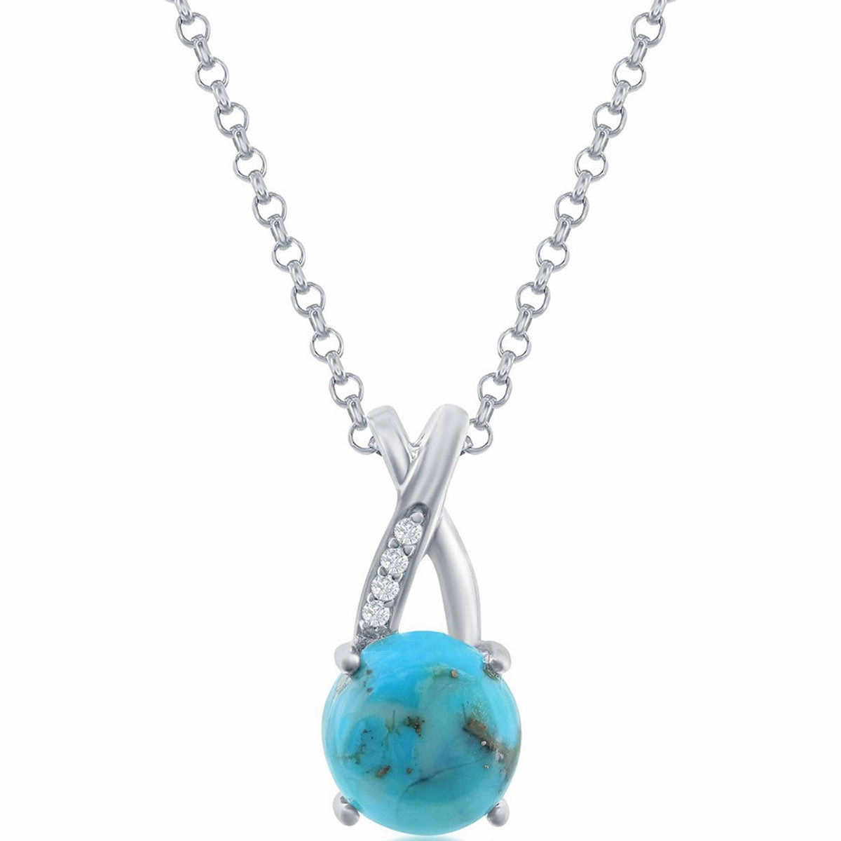 Classic Women's Pendant - Sterling Silver Round Turquoise with White Topaz | K-8861