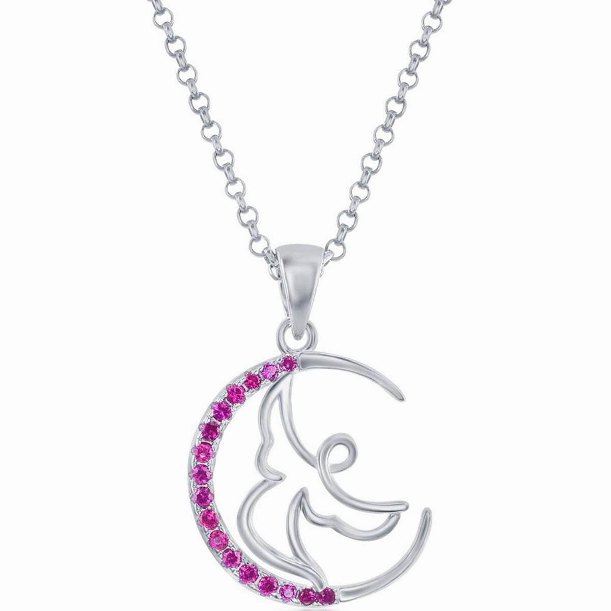 Classic Women's Pendant - Sterling Silver Ruby CZ Angel Crescent Moon Design | K-8930